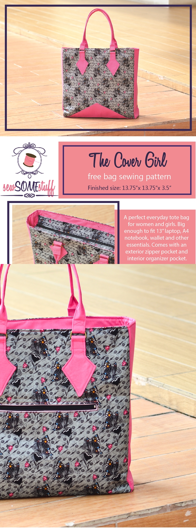 The Cover Girl - FREE bag sewing pattern for a large size tote bag. Great gift to sew!