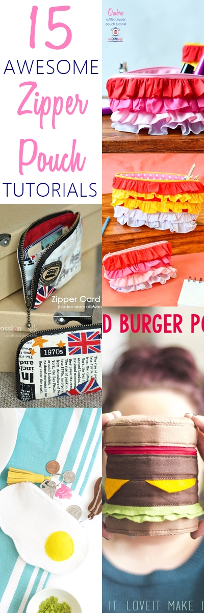 16 Awesome Easy Sew Zippered Pouches on sewsomestuff.com. Such a UNIQUE list of pouches to sew! The burger zipper pouch is my absolute favorite after the ombre ruffled pouch. CHECK OUT NOW!