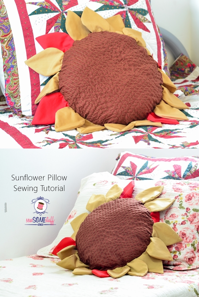 Sunflower pillow sewing tutorial in fall colors. Comes with a free sewing pattern for the petals and the pillow. GET IT NOW!